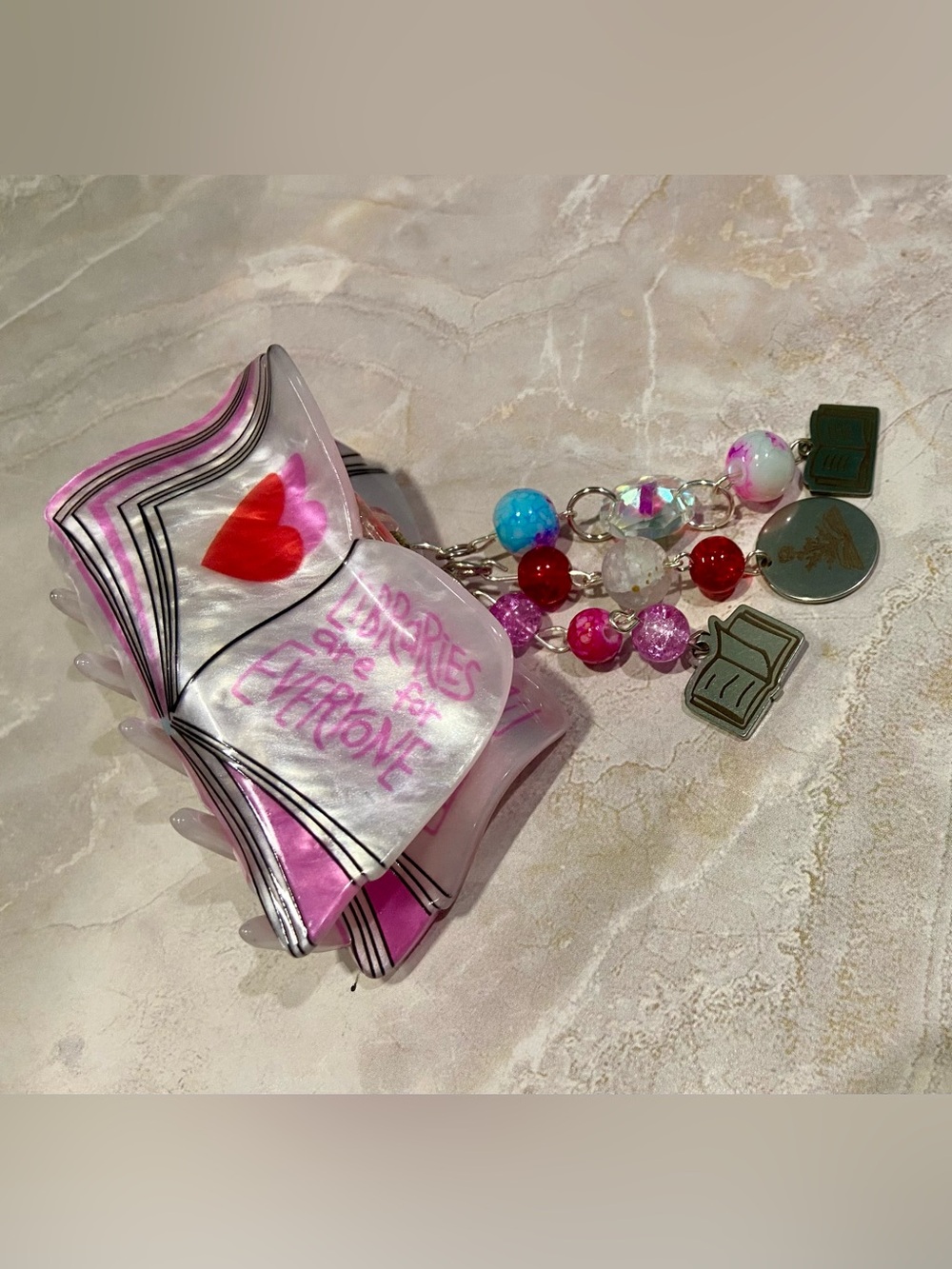 Hand Crafted Pearlescent Pink Ribbon Hair Clip with Multicolor Bead Charms